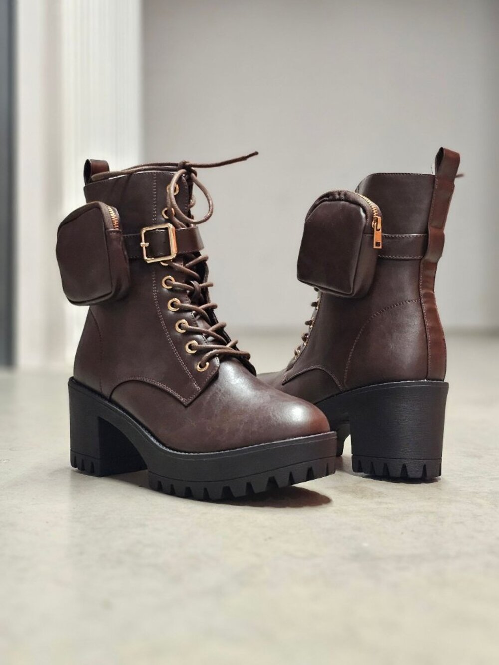 Brown Combat Boots With Chunky Heel & Detachable Side Pouches